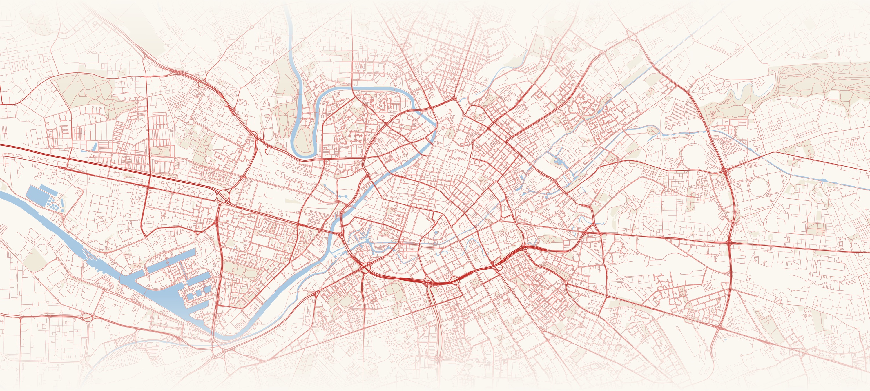 Map of Manchester — the city's road network drawn in Pinnacle red on porcelain
